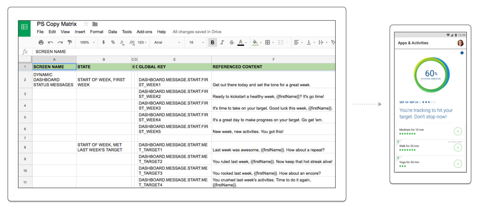 Image of a spreadsheet and an app screen